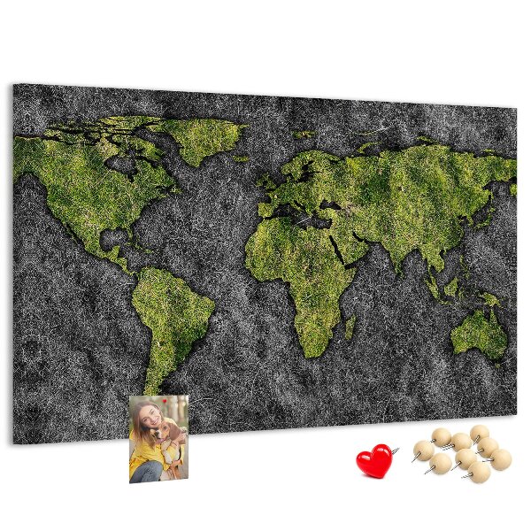Tablica korkowa z nadrukiem Zielona mapa świata na szarym tle