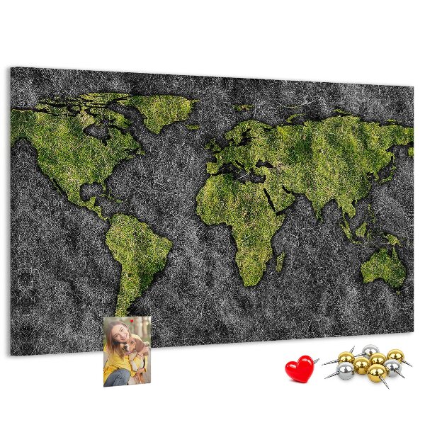 Tablica korkowa z nadrukiem Zielona mapa świata na szarym tle