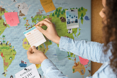 Tablica korkowa ozdobna Mapa świata z zwierzętami i kontynentami