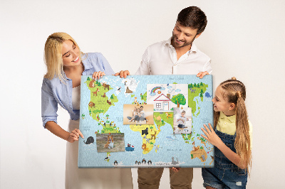 Tablica korkowa ozdobna Mapa świata z zwierzętami i kontynentami