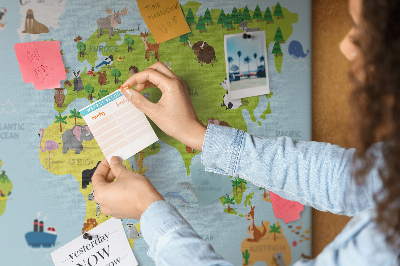 Tablica korkowa ozdobna Mapa świata z zwierzętami i kontynentami
