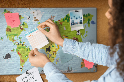 Tablica korkowa ozdobna Mapa świata z zwierzętami i kontynentami