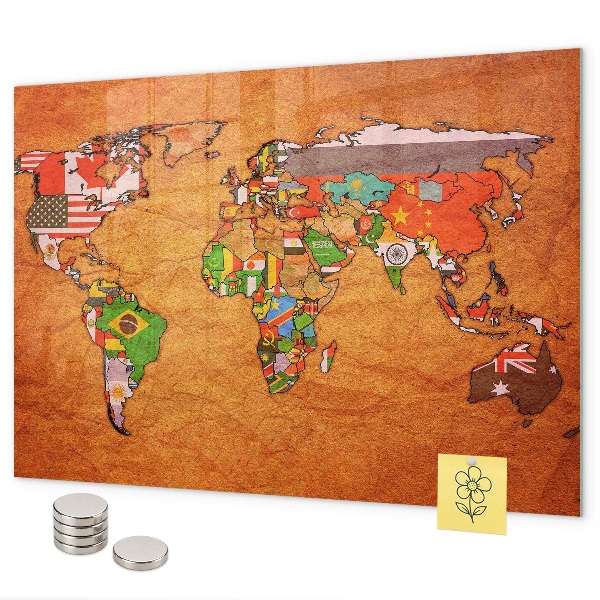 Tablica magnetyczna na magnesy Mapa świata z flagami