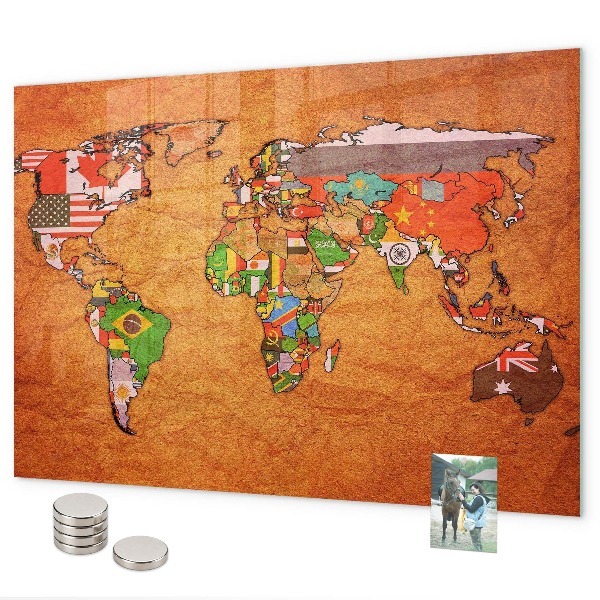 Tablica magnetyczna na magnesy Mapa świata z flagami