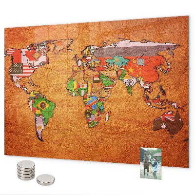 Tablica magnetyczna na magnesy Mapa świata z flagami