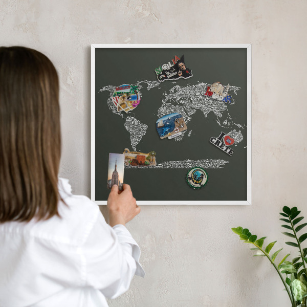 Tablica na magnesy z podróży biała rama Mapa tekstowa