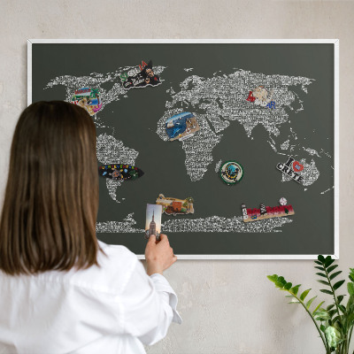 Tablica na magnesy z podróży biała rama Mapa tekstowa