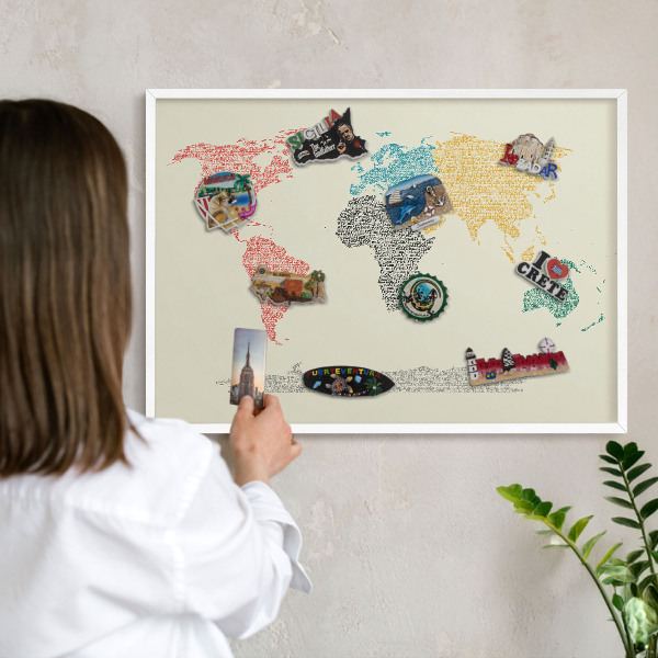 Tablica magnetyczna na magnesy biała rama Mapa świata