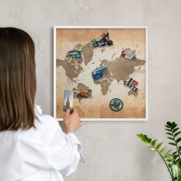 Tablica magnetyczna na magnesy biała rama Mapa świata
