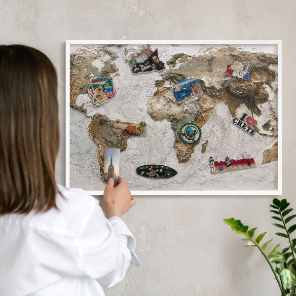 Tablica na magnesy z podróży biała rama Reliefowa mapa