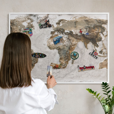 Tablica na magnesy z podróży biała rama Reliefowa mapa