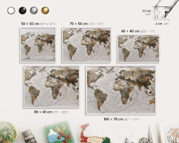 Tablica na magnesy z podróży biała rama Reliefowa mapa