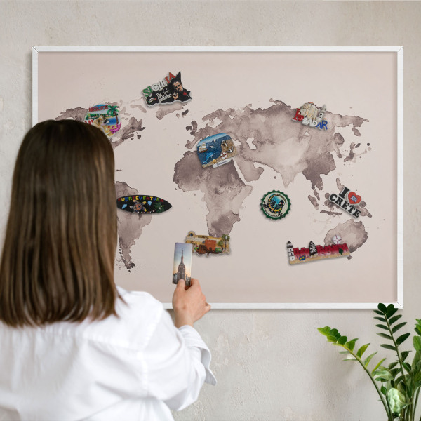 Tablica magnetyczna na magnesy biała rama Mapa świata