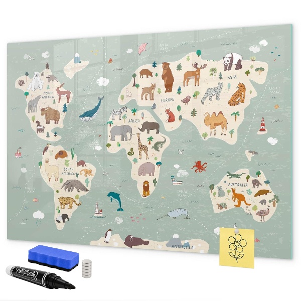 Magnetyczna tablica do rysowania Mapa świata z ilustracjami zwierząt