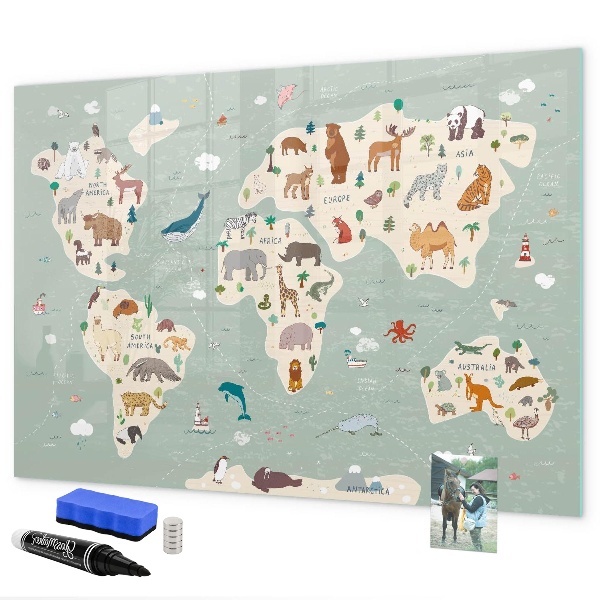 Magnetyczna tablica do rysowania Mapa świata z ilustracjami zwierząt