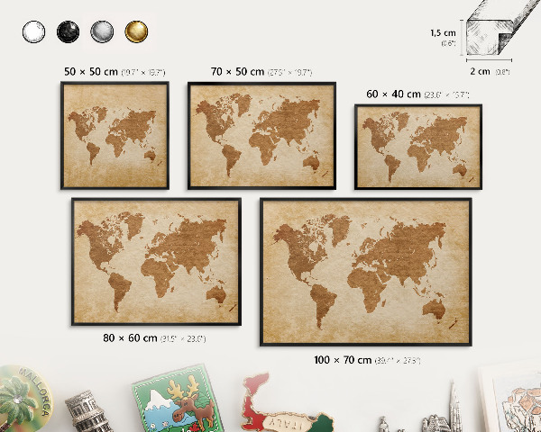 Ozdobna tablica na magnesy w czarnej ramie Mapa vintage