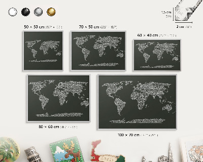 Tablica na ścianę na magnesy w srebrnej ramie Mapa tekstowa