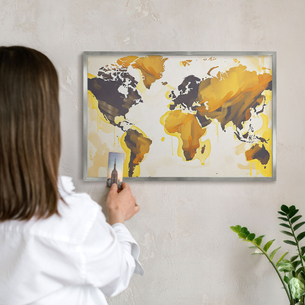 Tablica na ścianę na magnesy w srebrnej ramie Mapa świata