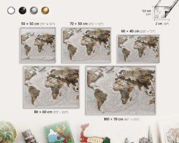 Tablica na ścianę na magnesy w srebrnej ramie Reliefowa mapa