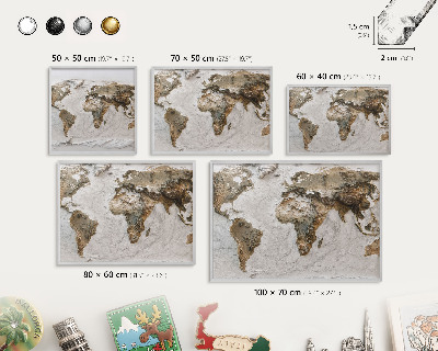 Tablica na ścianę na magnesy w srebrnej ramie Reliefowa mapa