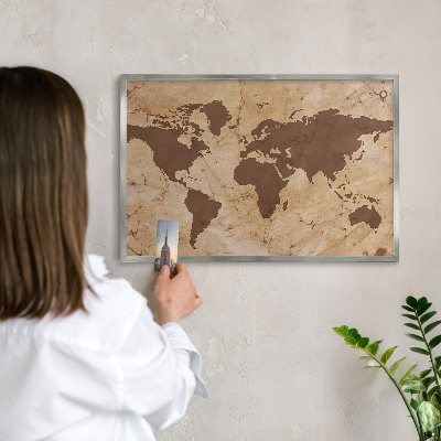 Tablica na ścianę na magnesy w srebrnej ramie Mapa świata