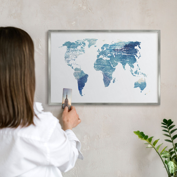 Tablica metalowa na magnesy srebrna rama Akwarelowa mapa