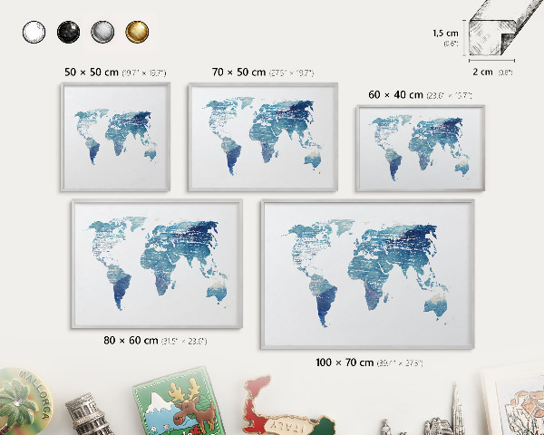 Tablica metalowa na magnesy srebrna rama Akwarelowa mapa