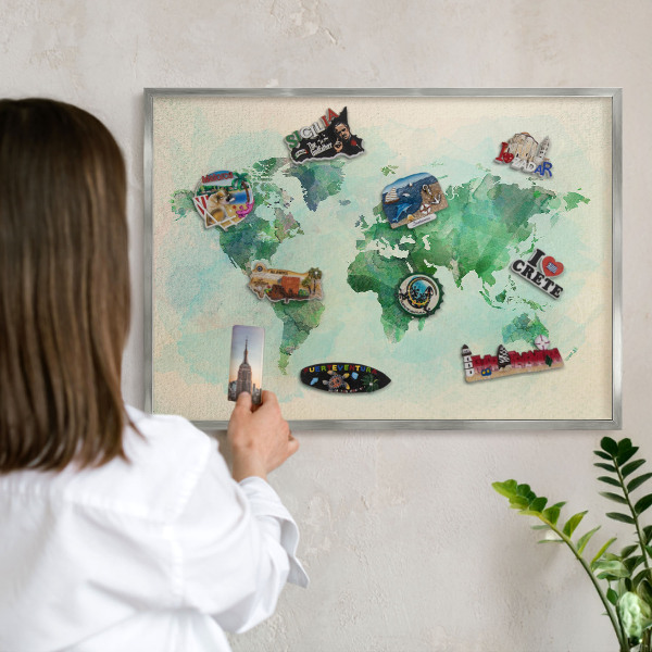 Tablica metalowa na magnesy srebrna rama Mapa świata