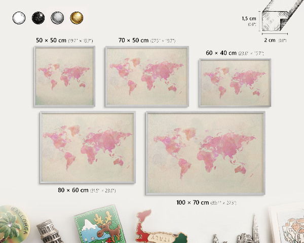 Tablica na ścianę na magnesy w srebrnej ramie Mapa świata