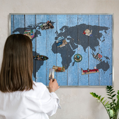 Tablica metalowa na magnesy srebrna rama Mapa świata