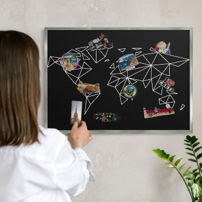 Tablica metalowa na magnesy srebrna rama Mapa świata