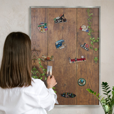 Tablica metalowa na magnesy srebrna rama Drewno natura