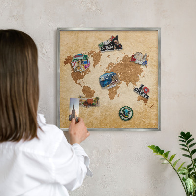 Tablica na ścianę na magnesy w srebrnej ramie Mapa vintage