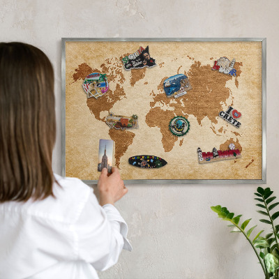 Tablica na ścianę na magnesy w srebrnej ramie Mapa vintage
