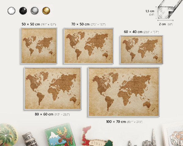 Tablica na ścianę na magnesy w srebrnej ramie Mapa vintage