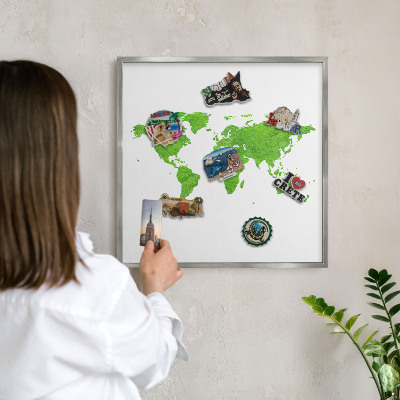 Tablica na ścianę na magnesy w srebrnej ramie Zielona mapa