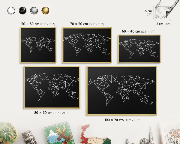 Tablica na magnesy z podróży w złotej ramie Mapa świata