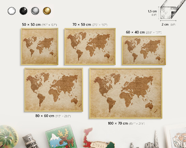 Tablica na magnesy w ramie złotej Mapa vintage