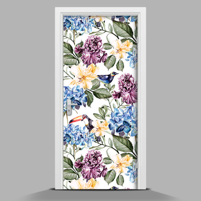 Okleina samoprzylepna na drzwi Kolorowe kwiaty i tukany
