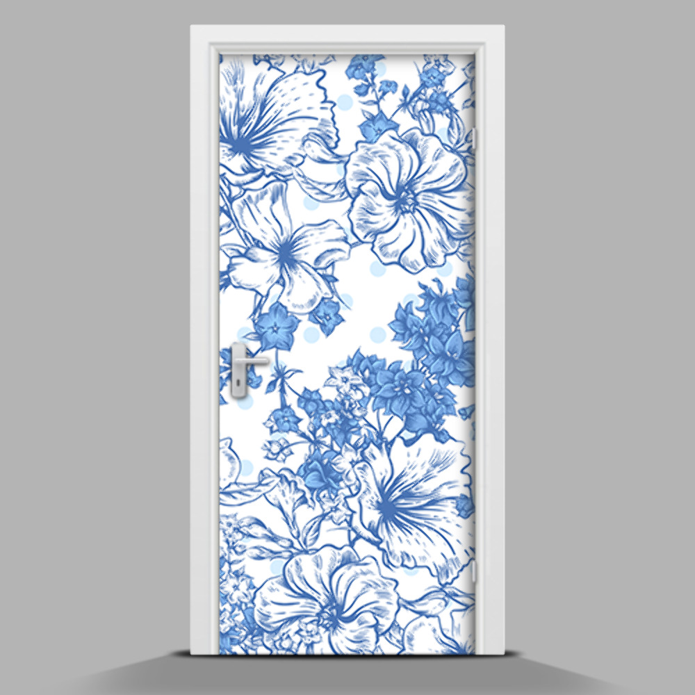Naklejka fototapeta na drzwi Malowane kwiaty w kolrze niebieskim
