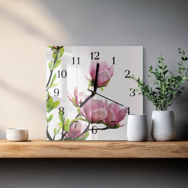 Zegar szklany kwadratowy Kwiat Magnolii